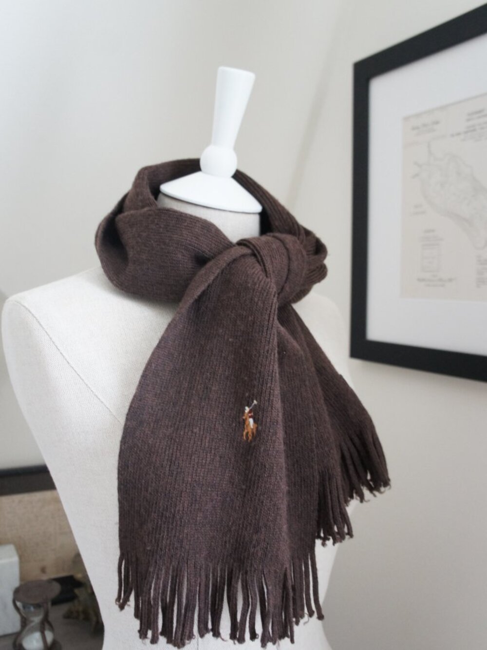 Polo Ralph Lauren 90s Vintage 100% Merino Wool Dark Brown Fringe Scarf - Picture 8 of 10